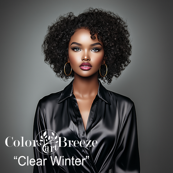Woman of color wearing silvery black who is a Clear Winter.