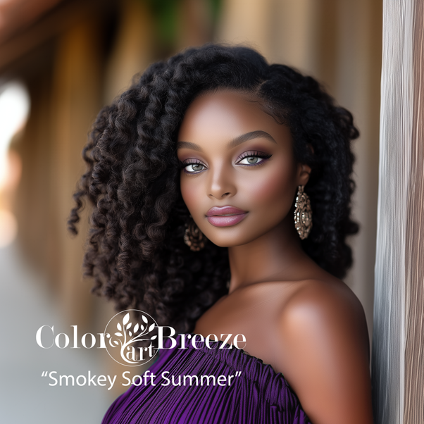 Smokey Soft Summer woman of color in rich purple. 