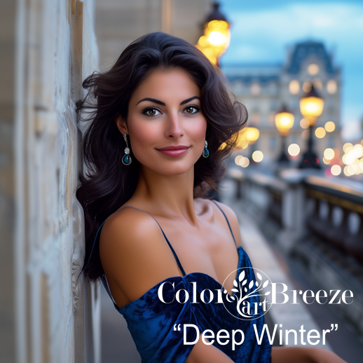 Deep Winter woman on balcony in Paris. Deep Blue dress. 