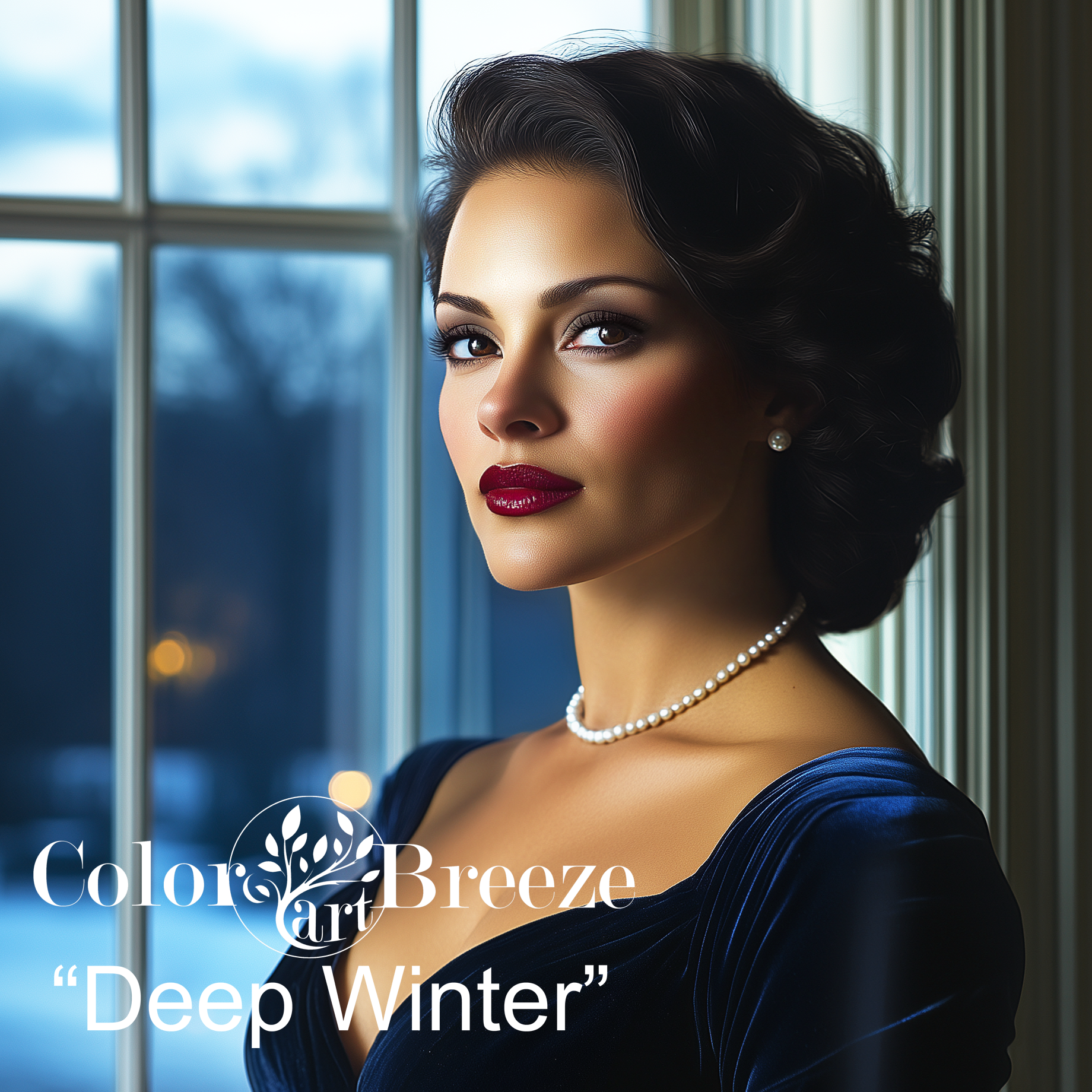 Deep Winter wearing dark blue velvet dress and pearls. 