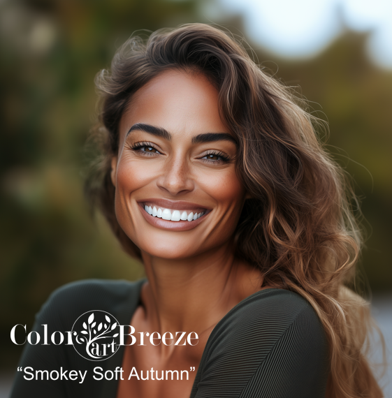 Smokey Soft Autumn woman wearing rich warm grey top.