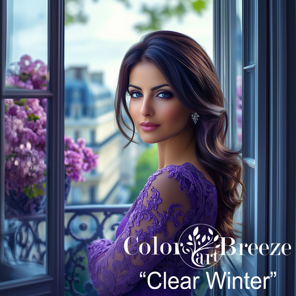 Clear Winter woman in Paris in Purple Dress. 