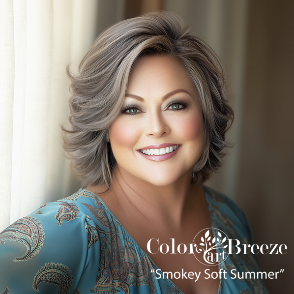 Middle aged Smokey Soft Summer who is slightly greying. Very attractiver. 