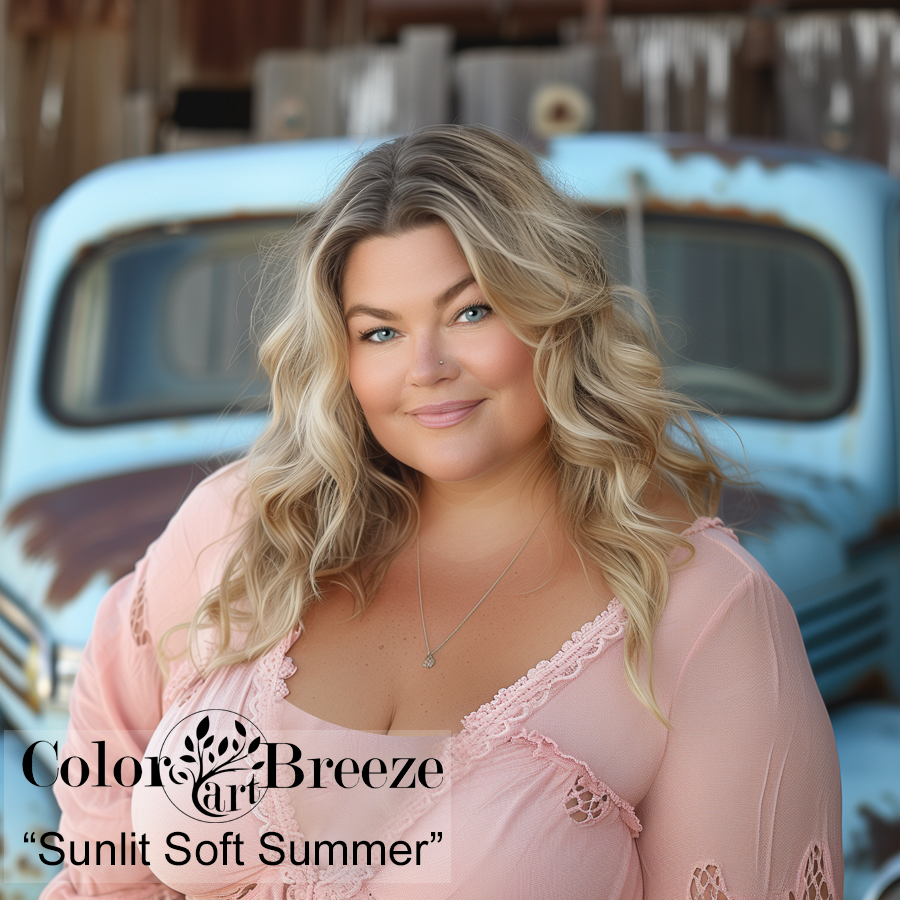 Plus sized blonde in light pink blouse is a Sunlit Soft Summer. 