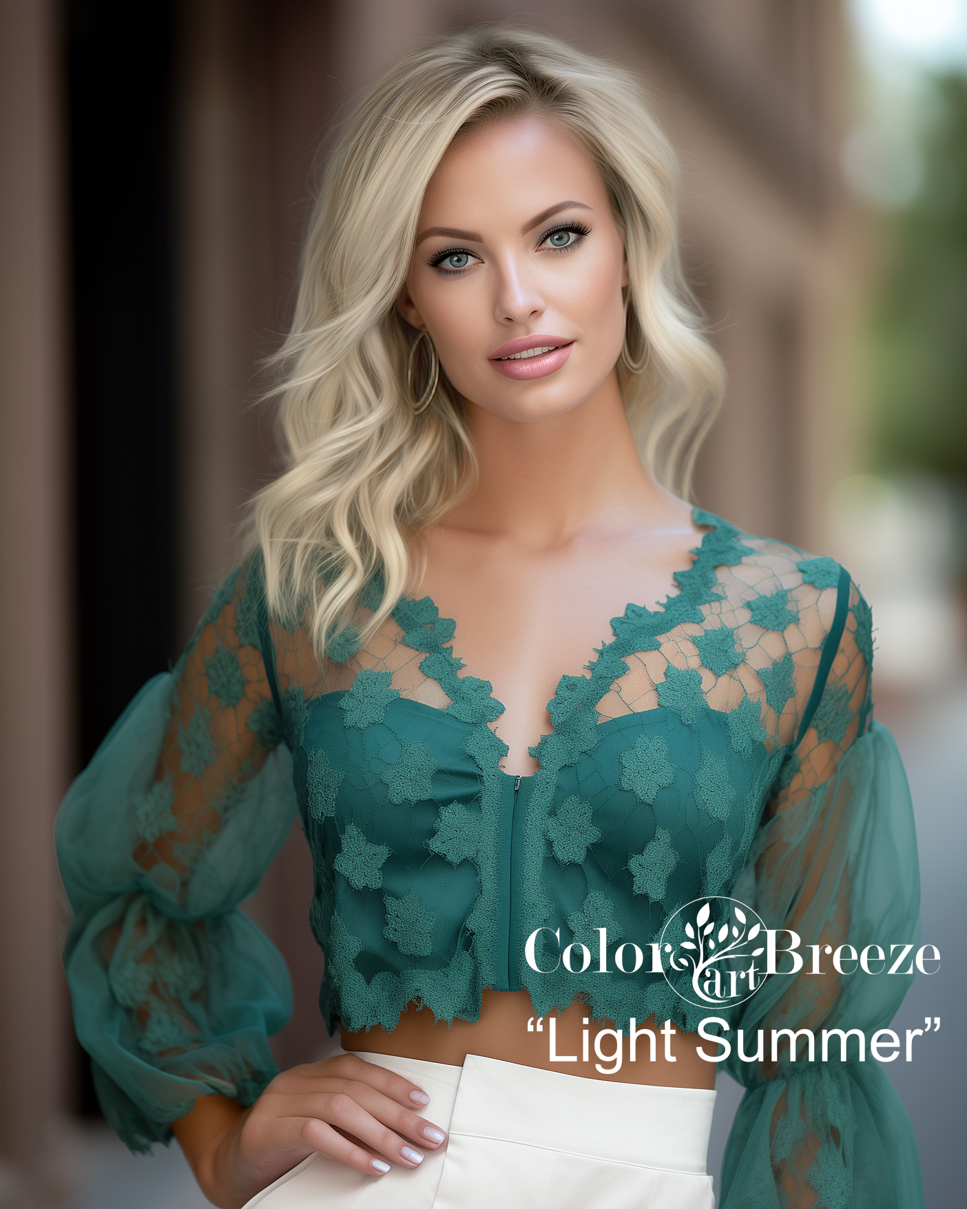 Light Summer wearing a cool teal green. 