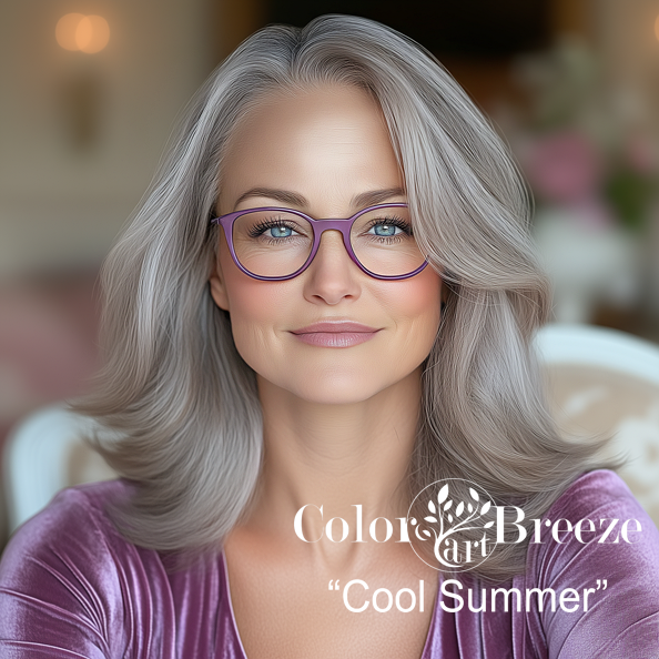 Grey haired Cool Summer in lavender dress and glasses. Grey haired Cool Summer in lavender dress and glasses.