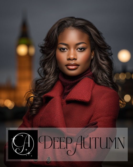 Black Deep Autumn woman in tomator red jacket