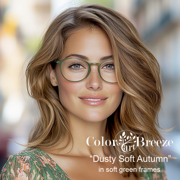 Dusty Soft Autumn woman wearing soft green eyeglasses