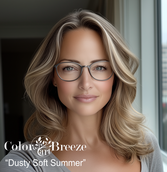 A Dusty Soft Summer wearing grey glass frames. 