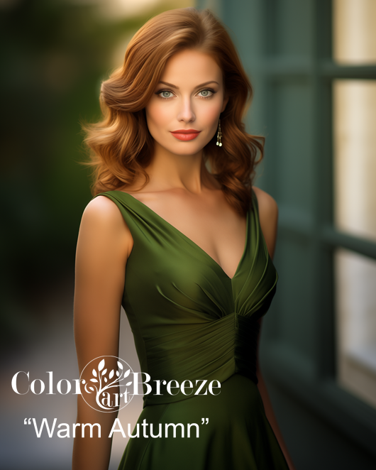 Beautiful Warm Autumn redhead wearing avocado green.