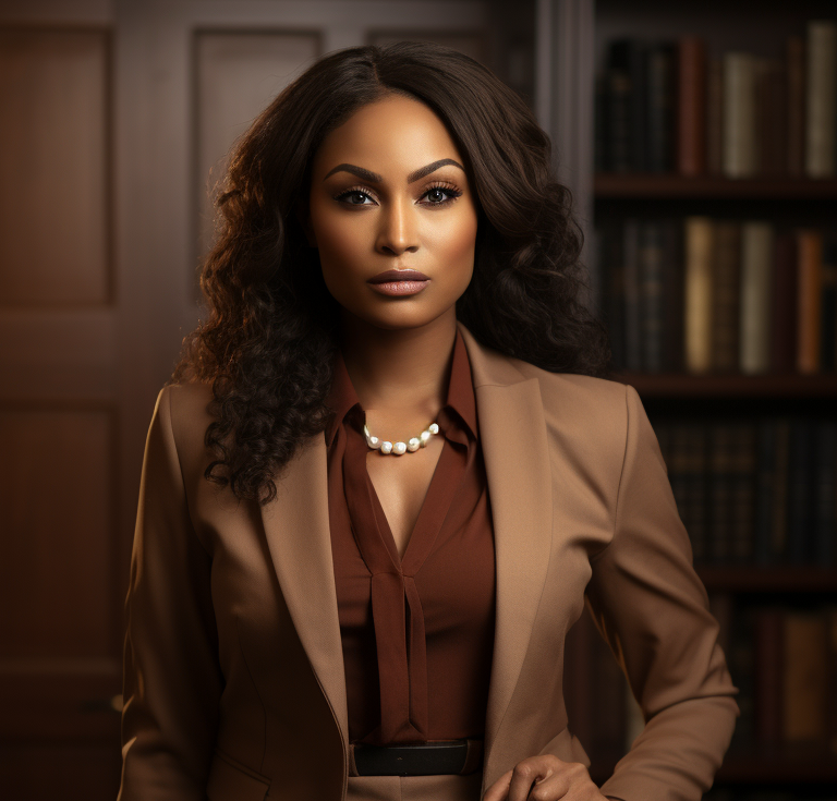 Black woman in brown suit. 