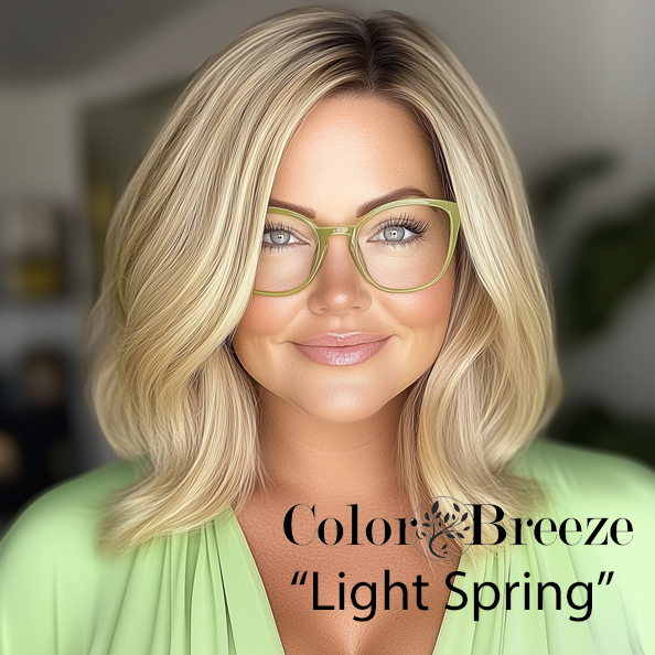Light Spring wearing lime green blouse and lime green eyeglasses. Light Spring wearing lime green blouse and lime green eyeglasses.