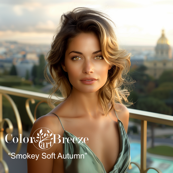 Smokey Soft Autumn woman in Paris wearing a dusky turquoise blouse. 