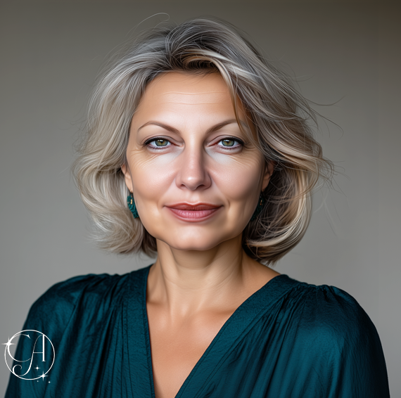 Mature woman in deep teal blouse. 