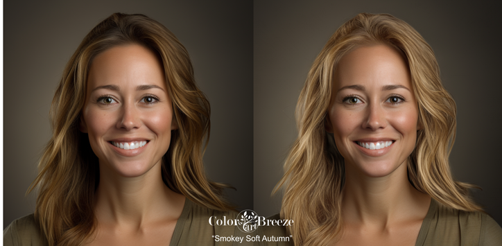 Smokey Soft Autumn woman with darker and lighter blonde hair colors. 