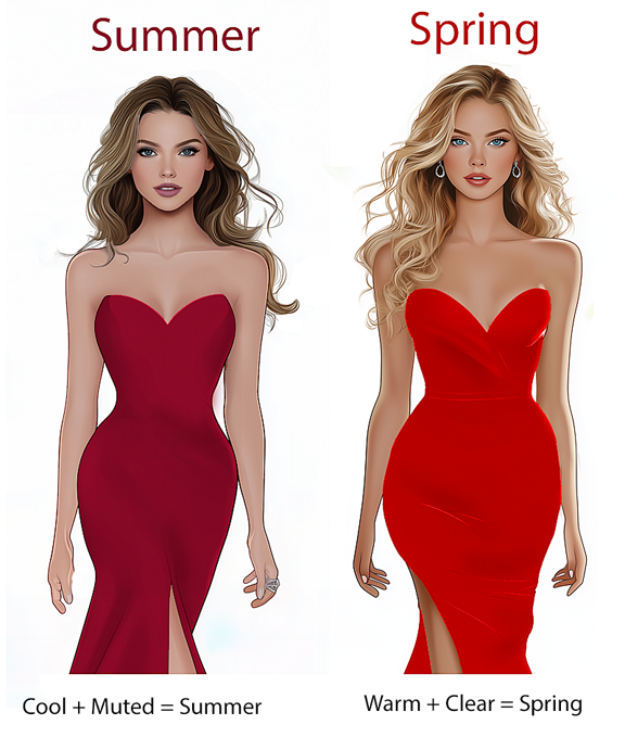 A summer and a Spring woman in their best red dress. 