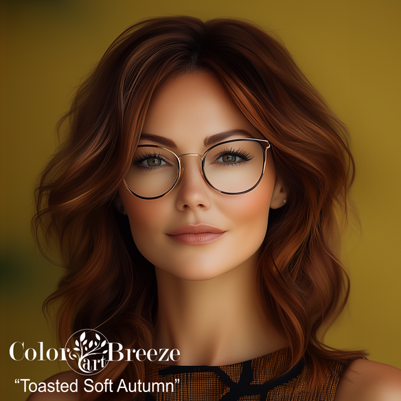 Toasted Soft Autumn redhead in gold glasses Toasted Soft Autumn redhead in gold glasses