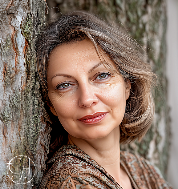 Mature Smokey Soft Autumn against similarly colored tree bark. 