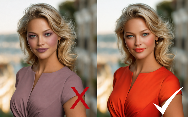 Spring woman wearing wrong color in mauve vs right bright color of orange. Spring woman wearing wrong color in mauve vs right bright color of orange.
